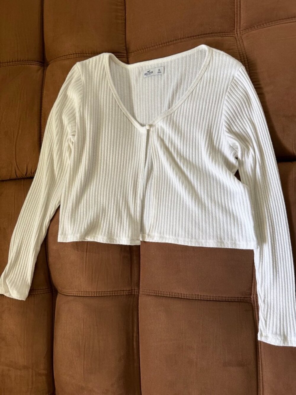 Hollister White Ribbed Cropped Cardigan Top Spring Summer XL